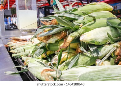 A view of a stack of unhusked corn, on display at a food stand.