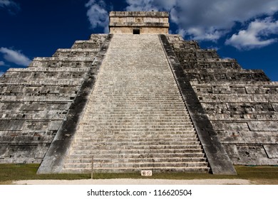 View Up The Stairs Of El Castillo, The Mayan Pyramid To The God Kukulkan, The Feathered Serpent, At Chichen Itza, Yucatan, Mexico, On March 20, 2012, The Day Of The Spring Equinox 2012.