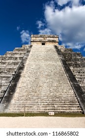 View Up The Stairs Of El Castillo, The Mayan Pyramid To The God Kukulkan, The Feathered Serpent, At Chichen Itza, Yucatan, Mexico, On March 20, 2012, The Day Of The Spring Equinox 2012.