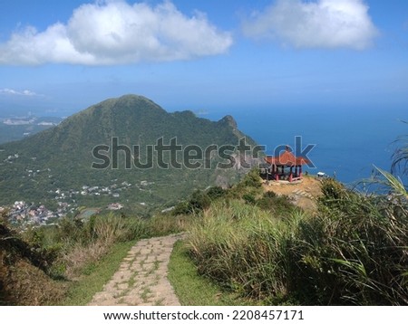 The view of stairs with the sea on Teapot Mountain in Jinguashi nearby Jiufen in New Taipei City in Taiwan