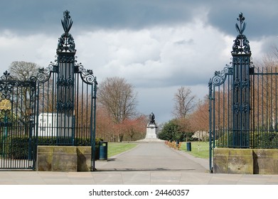 View To Statue Of Andrew Carnegie Through Park Gates