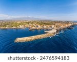 View of Stazzo old city, Catania, Sicily, Italy. Summer beach and sea