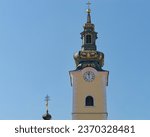 View of the steeple of the Church of St. Mary at Dolac with a clear blue sky in the background, Zagreb, Croatia