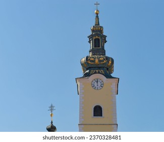 View of the steeple of the Church of St. Mary at Dolac with a clear blue sky in the background, Zagreb, Croatia