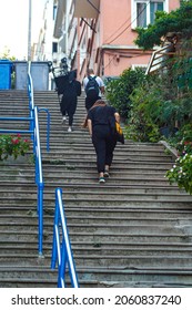 View Of Step Street In Istanbul City, People Walking Up, Climbing Up Steps, Stairs Beyoglu Turkey ( Merdiven Sokak) September 6, 2021