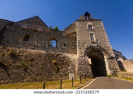 View of stone fortified tower with entrance gate to medieval Chateau royal de Montargis on hilltop on sunny summer day, Loiret department, France