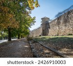 View of the stone gaol wall and lookout tower in the rural town of Beechworth, Victoria, Australia