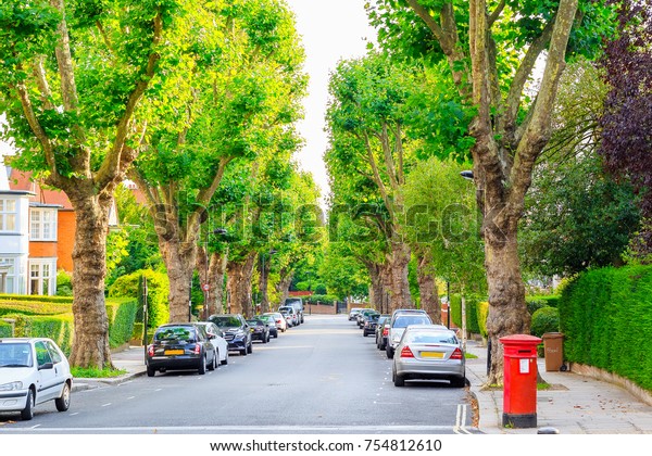 View of street lined with trees in West Hampstead\
of London