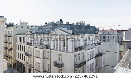 A view of the streets in the city center. Poland. Lublin. Renovated tenement house in the city. Shot from a height