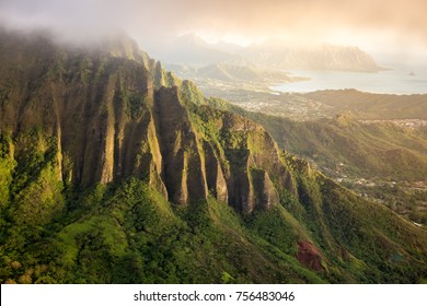 View from the summit of the Koolau Mountain range on the island of Oahu in Hawaii