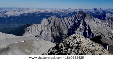 View at the summit of Mount Bogart altitude 10,315 feet above sea level at Kananaskis in the Canadian Rockies Canada