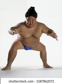 View of a sumo wrestler ready to fight