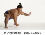 View of a sumo wrestler squatting