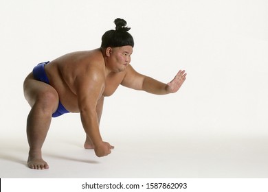 View of a sumo wrestler squatting