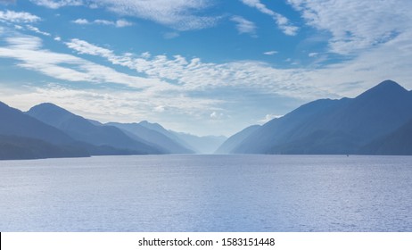 The view at sunset from the front of a ferry as it makes its way