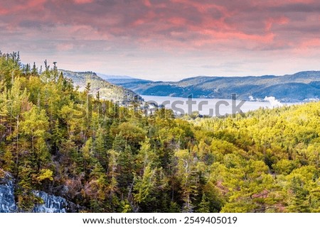 A view at sunset from the gorge of the Corner Brook stream above Corner Brook in Newfoundland, Canada in the fall