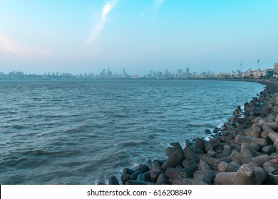 View At Sunset From Marine Drive Also Known As Queen's Necklace , Mumbai, Maharashtra, India.