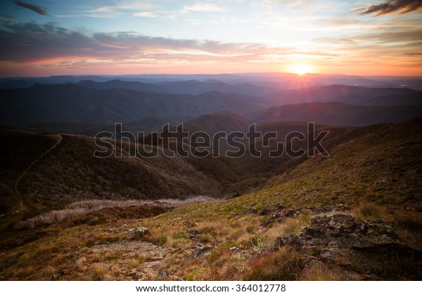The view at sunset\
from the summit of Mt Buller towards Mansfield in the Victorian\
High Country, Australia