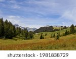 View of the swiss countryside with pines and mountains. Clear sky in summer. Lac des Chavonnes, Canton Vaud, Switzerland