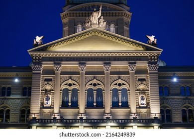 View Of Swiss Parliament Building At Night. Bern, Switzerland - June 2022              