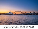 View of Sydney Harbour with Sydney Opera House and Sydney Harbour Bridge from Mrs Macquarie