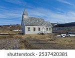 View of Syltefjord chapel in summer with clouds in the sky, Syltefjorden, Norway.