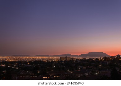 View of Table Mountain and Cape Town City at sunrise on a beautiful morning, Cape Town, South Africa