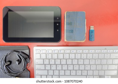 View of tablet on the table. Top view.