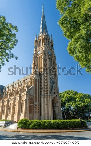 View up the tall church spire of San Isidro cathedral near Buenos Aires in Argentina