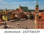 View from the Taras Widokowy observation deck on the Royal Castle,   Sigismund Column and  old buildings in the Old Town (Stare Miasto) of Warsaw, Poland.