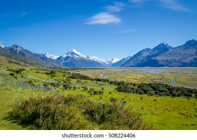 View Of Tasman River And Mount Cook (Aoraki) Along Highway 80