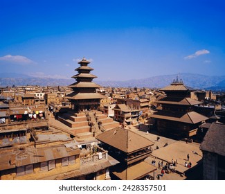View of taumadi tole, nyatapola buddist temple, bhaktapur,nepal, asia