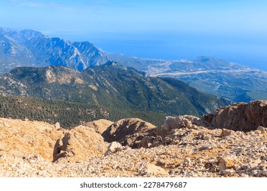 View of the Taurus mountains and the Mediterranean sea from a top of Tahtali mountain near Kemer, Antalya Province in Turkey - Shutterstock ID 2278479687