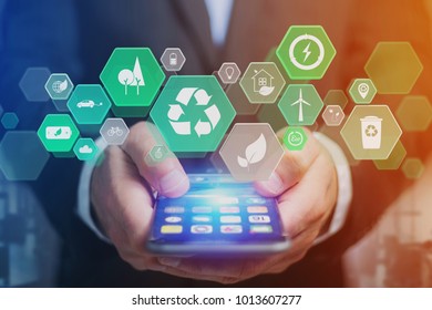 View of a Technology ecologic interface with icon displayed on a futuristic interface