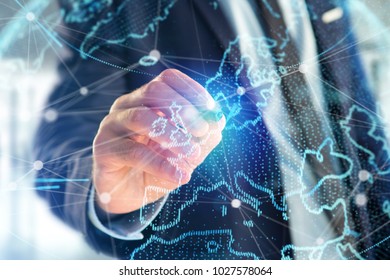View of a Technology network world map displayed on a futuristic interface