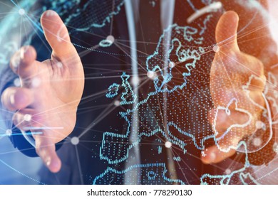View of a Technology network world map displayed on a futuristic interface