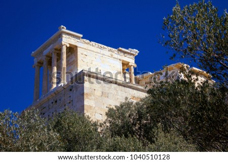 View of the temple of Athena Niki or Apterou Nikis on Acropolis of Athens, Greece.