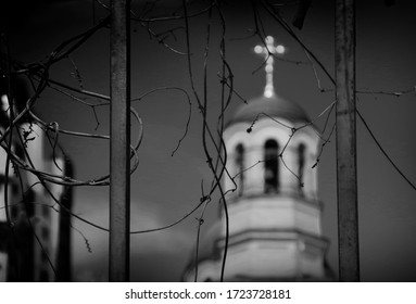 View of the temple through the bars and branches in black and white. Blurry domes of the church and focus on the fence.