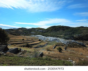 View of terraced fields, stone structures, and rocky terrain in the rural landscape of Dolovi, Njegushi, Montenegro, with forested hills under blue sky. For travel brochures or cultural tourism ads. - Powered by Shutterstock