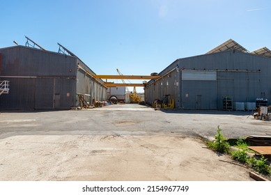 view of the territory of warehouses with metal hangars