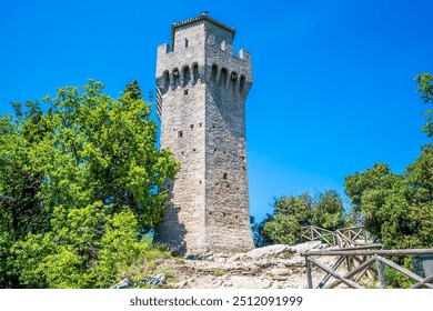 A view of the third tower in the fortified section of San Marino, Italy in summertime