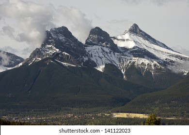 View of the Three Sisters Mountain Range. Picture taken on the Lady Macdonald Hiking Trail. Canmore, Alberta, Canada