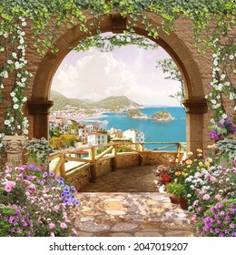 View through the arch with flowers to the sea