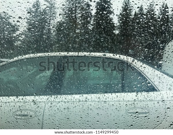 View through a car window in the rain. Close up\
of a white car and trees\
behind.