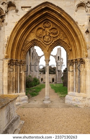 View through double arched door into the ruins of Crowland Abbey, Crowland, Peterborough, Cambridgeshire, England.