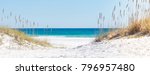 View through the dunes to the blue ocean and oats of Pensacola Beach, sea - Island landscape, Mexico, horizon, Florida, paradise, Whitehaven, Fidschi, Mauritius, Maldives, Bora Bora, Hawaii