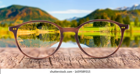 View through eyeglasses to nature