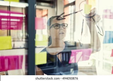 Blick durch eine Glaswand. Kreative Frau verwenden Post es Notizen zu teilen Idee. Modernes Geschäftsbüro