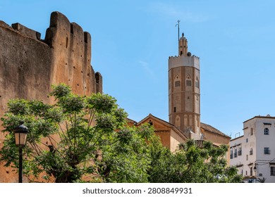 A view through leafy green trees shows the ochre Kasbah rampart wall in the foreground and the brick Grand Mosque minaret rising behind, with a street lamp and blue buildings visible.