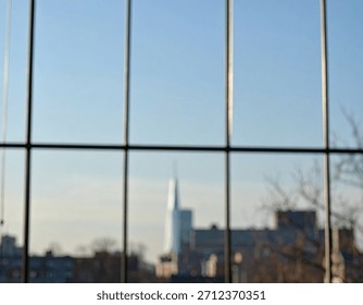 View through a multi-paned window shows a cityscape with a tall building and bare trees.